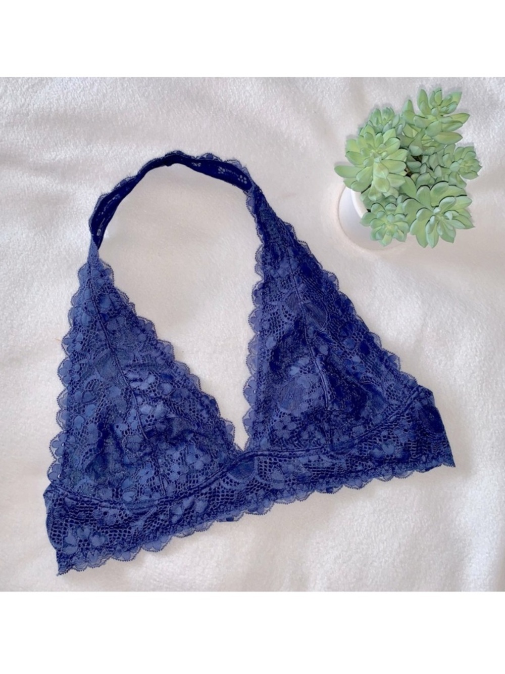 FREE PEOPLE Galloon Lace Halter Bra, Dusk Blue, Excellent Pre-Owned Condition, L